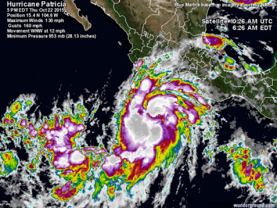 Huracán Patricia alcanza categoría 5, 'potencialmente catastrófico', amenaza los estados de Jalisco, Colima y Nayarit en México.