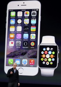 Apple CEO Tim Cook introduces the Apple Watch during an Apple event in San Francisco